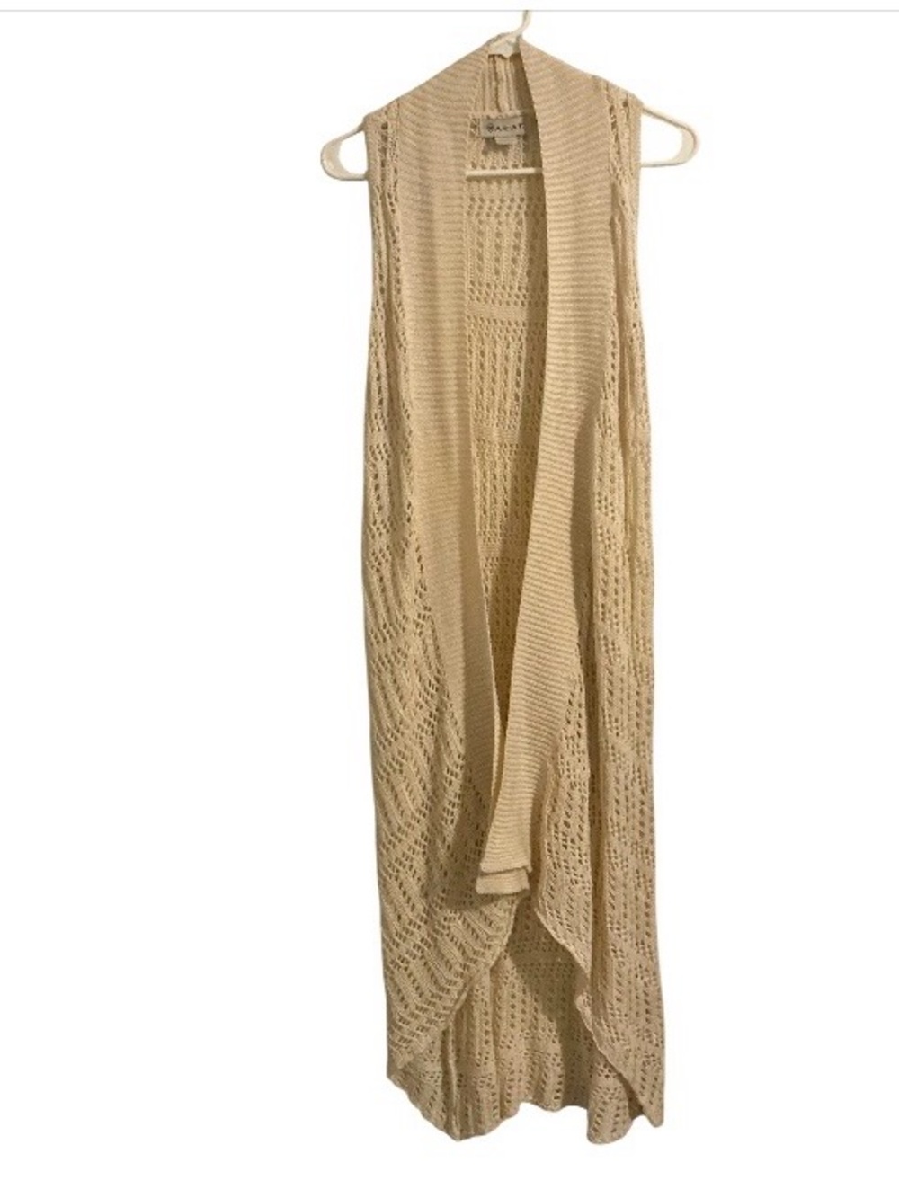 Ariat Sleeveless Duster Cardigan Large Cream Open Knit Crochet Maxi Length Boho